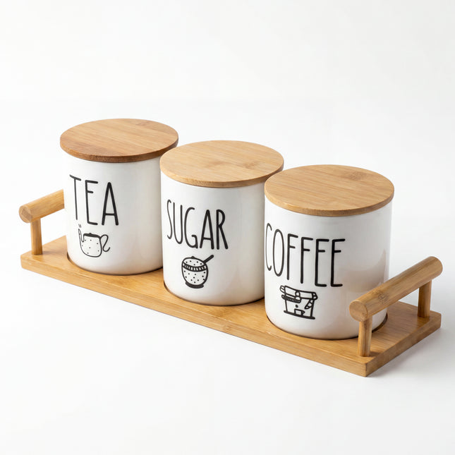 3-Piece Porcelain Jar Set - Tea, Sugar & Coffee