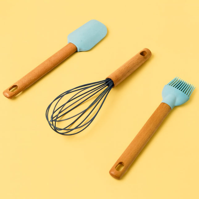 Casasunco 3-in-1 Silicone Kitchen Utensil Set - Baby Blue - With Hanging Hole